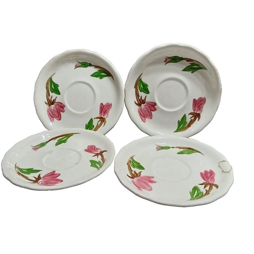Set‎ of 4 Continental Kiln 5 1/2"Ceramic Saucers Pink Flower Design (2c3)